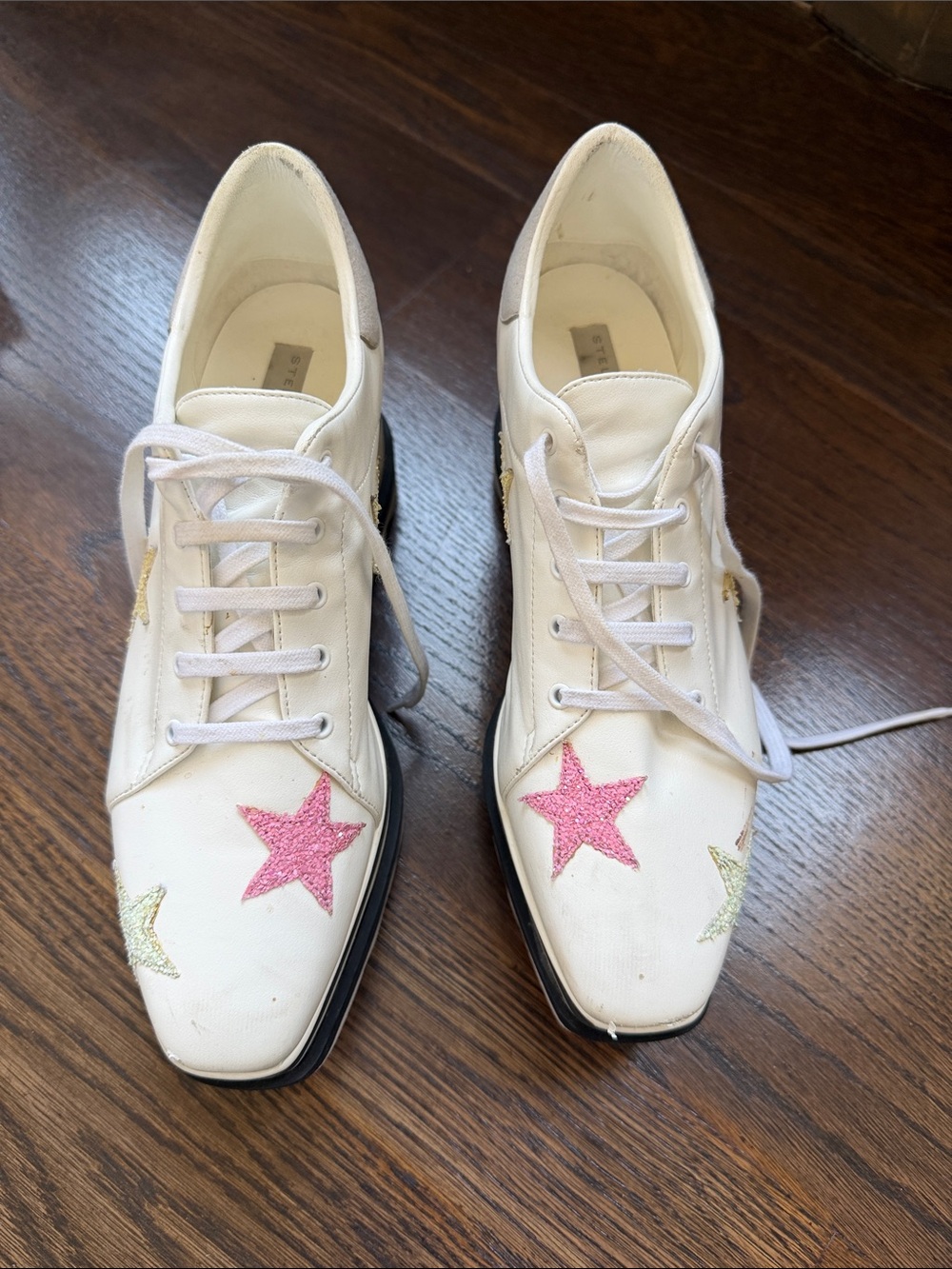 STELLA MCCARTNEY White Platform Sneakers Glitter Yellow Pink Green Stars Sz 38.5 - Picture 3 of 16